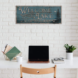 Welcome to Lake Coordinates Sign - Wood & Metal Wall Art Out West Design