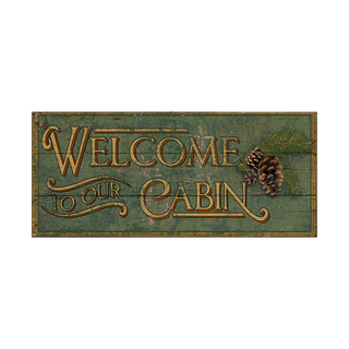 Cabin Welcome - Wood & Metal Wall Art with rustic green background and pine cone design for cozy wall decor.