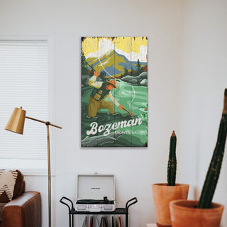 Vintage Fly Fishing River Scene: Distressed Finish - Wood & Metal Wall Art Out West Design