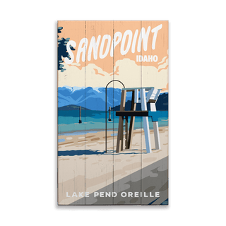City Beach Scene: Smooth Finish - Wood & Metal Wall Art showing Sandpoint Idaho lifeguard chair by Lake Pend Oreille