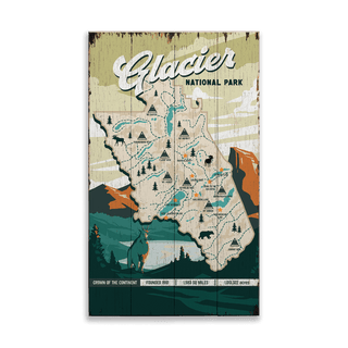 Glacier National Park Illustrated Map: Distressed Finish - Wood & Metal Wall Art Out West Design