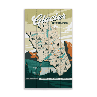 Glacier National Park Illustrated Map: Smooth Finish - Wood & Metal Wall Art Out West Design
