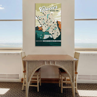 Glacier National Park Illustrated Map: Smooth Finish - Wood & Metal Wall Art Out West Design