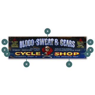 Blood Sweat & Gears - Wood & Metal Wall Art featuring vintage motorcycle theme with skull, crossed wrenches, and bold lettering.
