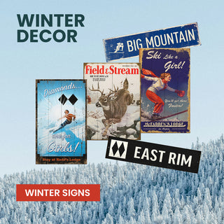 Winter Decor: Our ski-themed old wood signs add cozy lodge vibes to walls, cabins, and après spaces all season long. Shop Winter Signs.