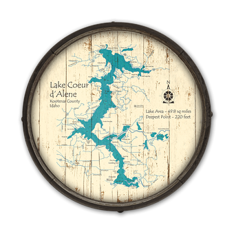 Lake Coeur d'Alene Idaho Wooden Barrel End Map