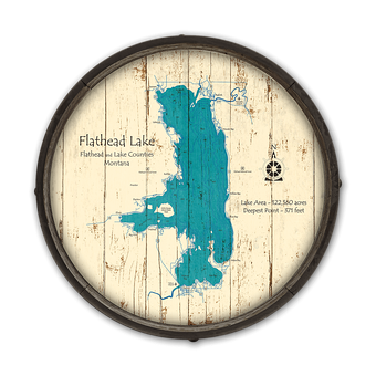 Flathead Lake Montana Wooden Barrel End Map