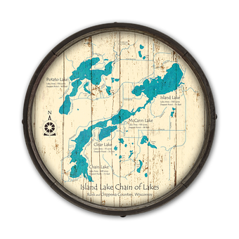 Island Lake Chain of Lakes Wisconsin Wooden Barrel End Map