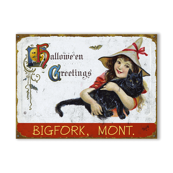 Girl & Black Cat Halloween Greetings Sign