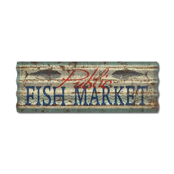 Corrugated Metal Public Fish Market Sign - Public Fish Market Sign