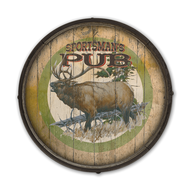 Rustic Elk Barrel End Wooden Sign - Sportsman's Pub