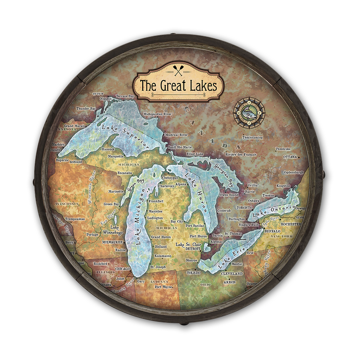 The Great Lakes Vintage Map Barrel End - The Great Lakes Vintage Map Barrel End