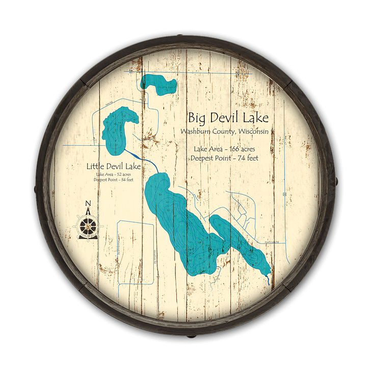 Big and Little Devil Lake Wisconsin Wooden Barrel End Map - Big and Little Devil Lake Wisconsin