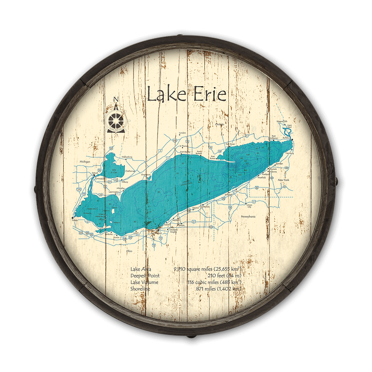 Lake Erie Wooden Barrel End Map - Lake Erie Barrel End