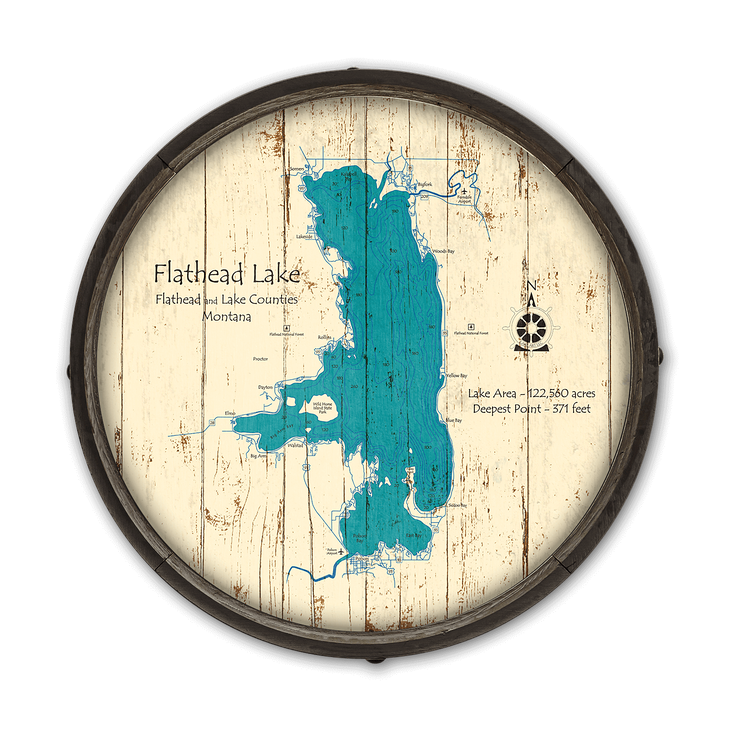 Flathead Lake Montana Wooden Barrel End Map - Flathead Lake, MT Barrel End