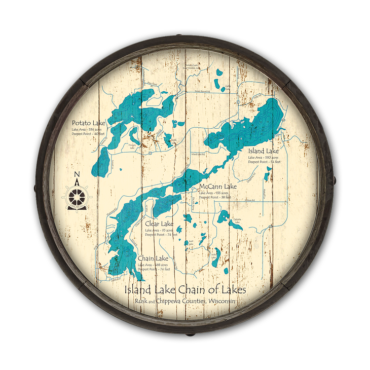 Island Lake Chain of Lakes Wisconsin Wooden Barrel End Map - Island Lake Chain of Lakes Wisconsin