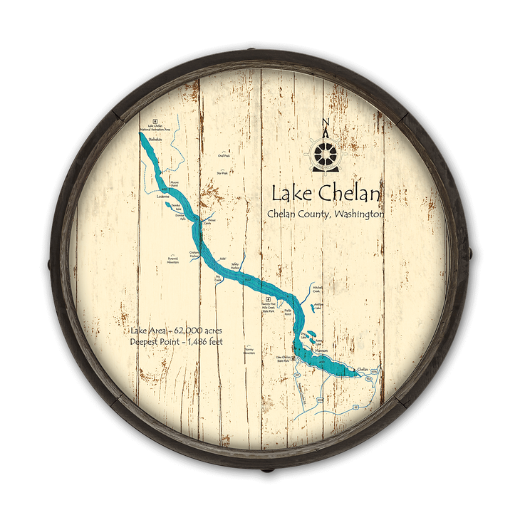 Lake Chelan Washington Wooden Barrel End Map - Lake Chelan, WA Barrel End