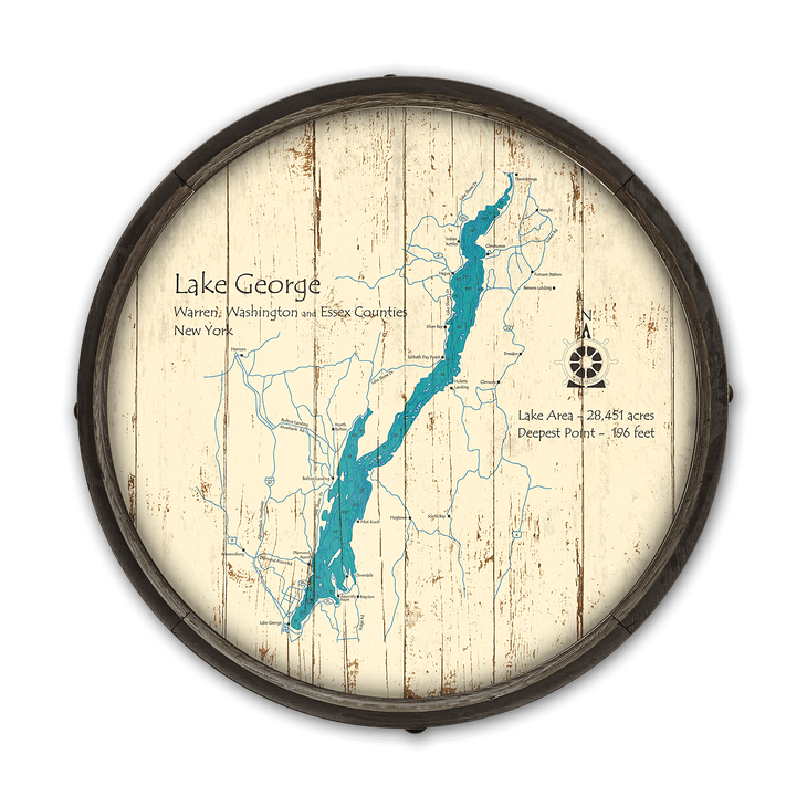 Lake George New York Wooden Barrel End Map - Lake George, NY Barrel End