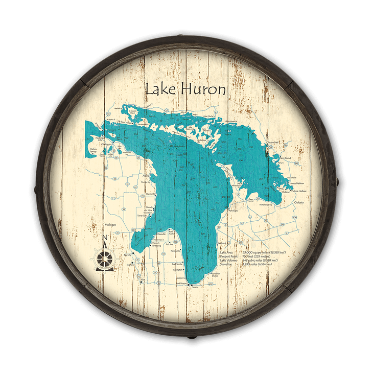 Lake Huron Wooden Barrel End Map - Lake Huron, MI Barrel End