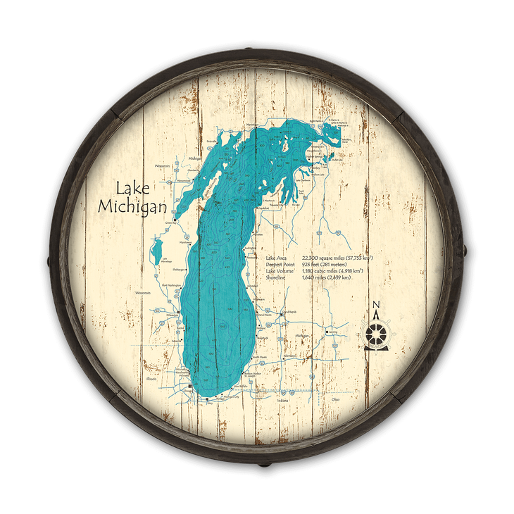 Lake Michigan Wooden Barrel End Map - Lake Michigan Barrel End