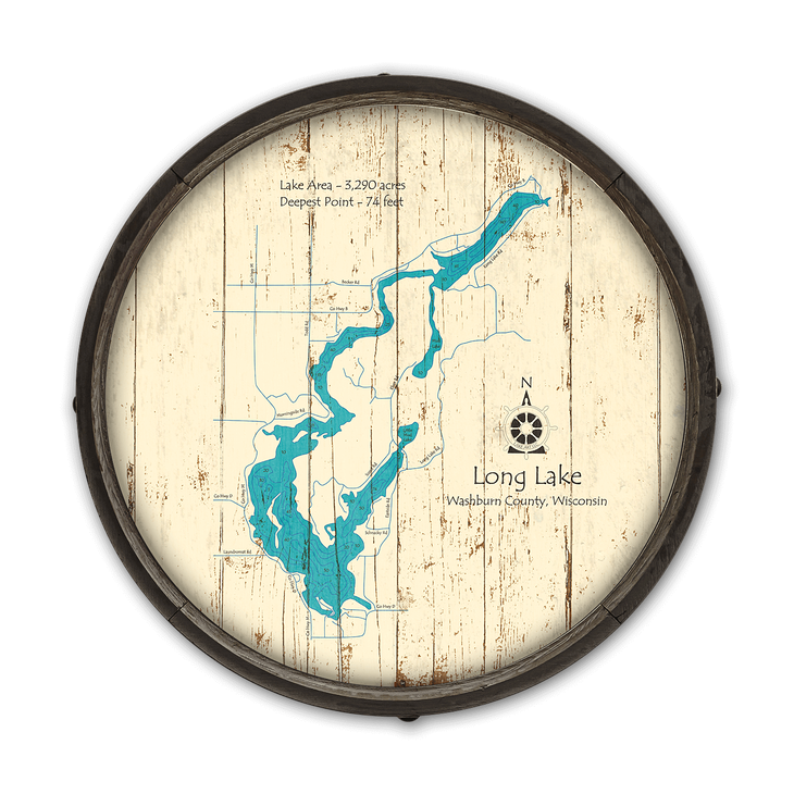 Long Lake Waushburn County Wisconsin Barrel End Map - Long Lake Waushburn County Wisconsin Barrel End Map
