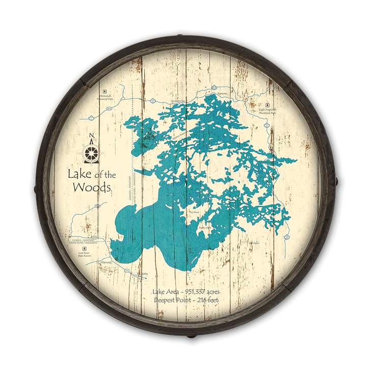 Lake of the Woods Wooden Barrel End Map - Lake of the Woods, MN, Canada Barrel End