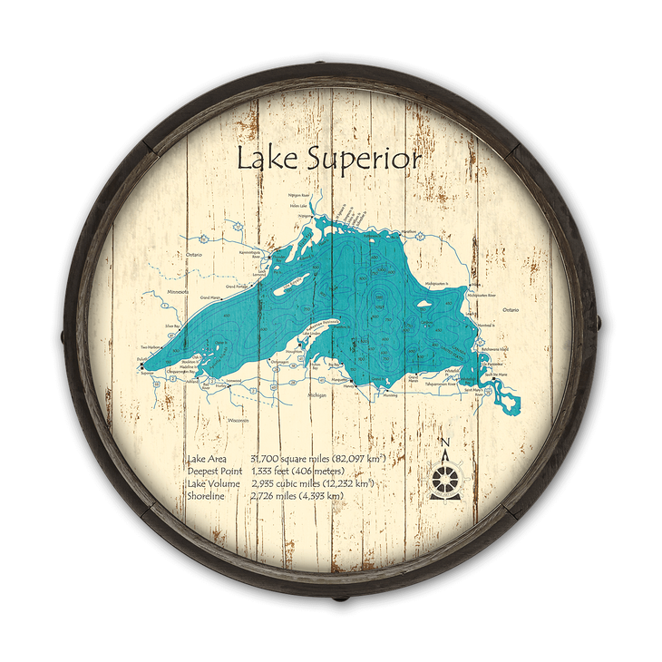 Lake Superior Wooden Barrel End Map - Lake Superior Barrel End