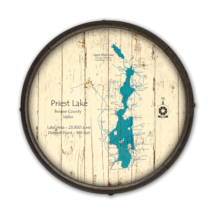 Priest Lake Idaho Vintage Barrel End Map - Priest Lake Idaho Vintage Barrel End Map