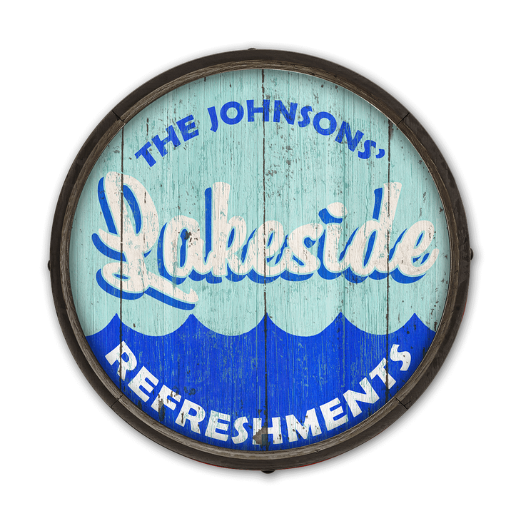 Lakeside Refreshments Barrel End Wooden Sign - Lakeside Refreshments Barrel End Wooden Sign