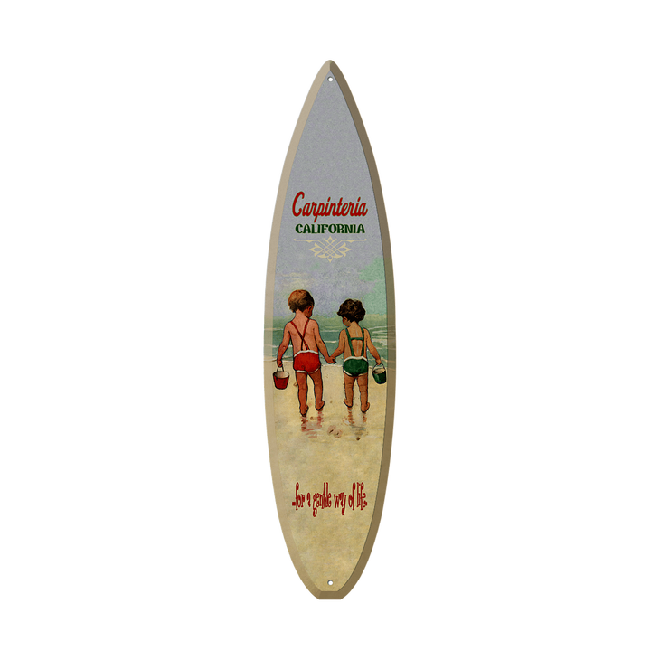 Children Beach Time - Surfboard Wooden Sign - CHILDREN HOLDING HANDS SURFBOARD