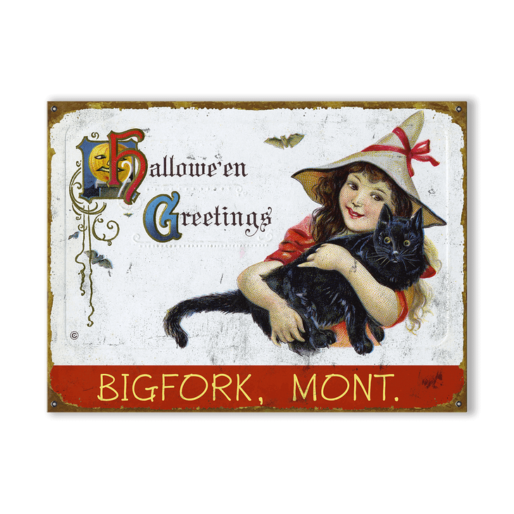 Girl & Black Cat Halloween Greetings Sign - 