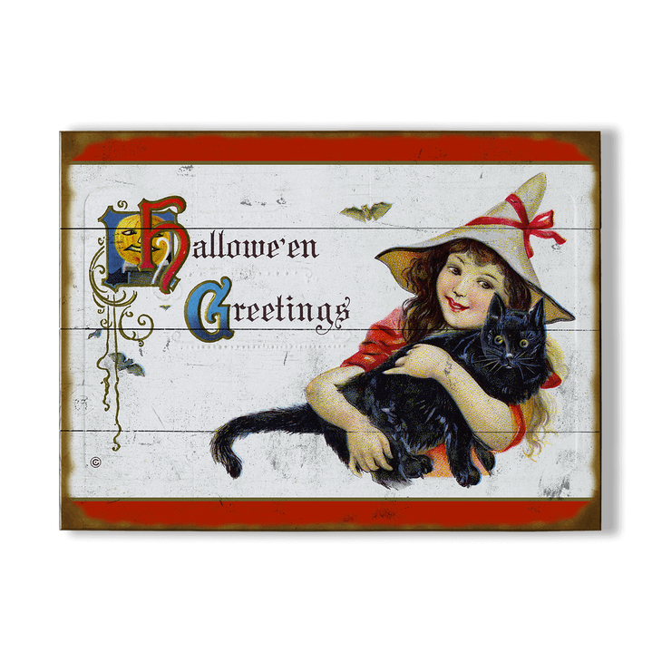 Girl & Black Cat Halloween Greetings Sign - 