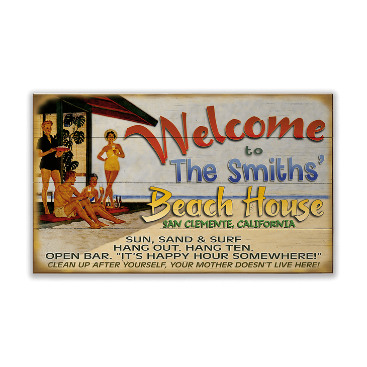 Welcome To The Beach House 60s Style, Wooden Beach House Signs Personalized