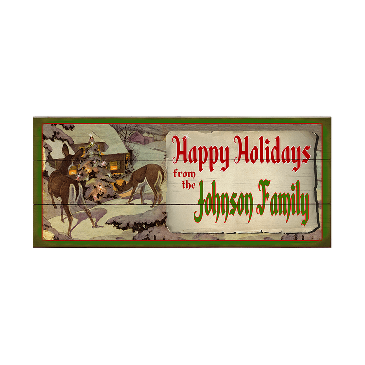 Happy Holidays Cabin and Deer Sign - Happy Holidays Cabin and Deer Sign
