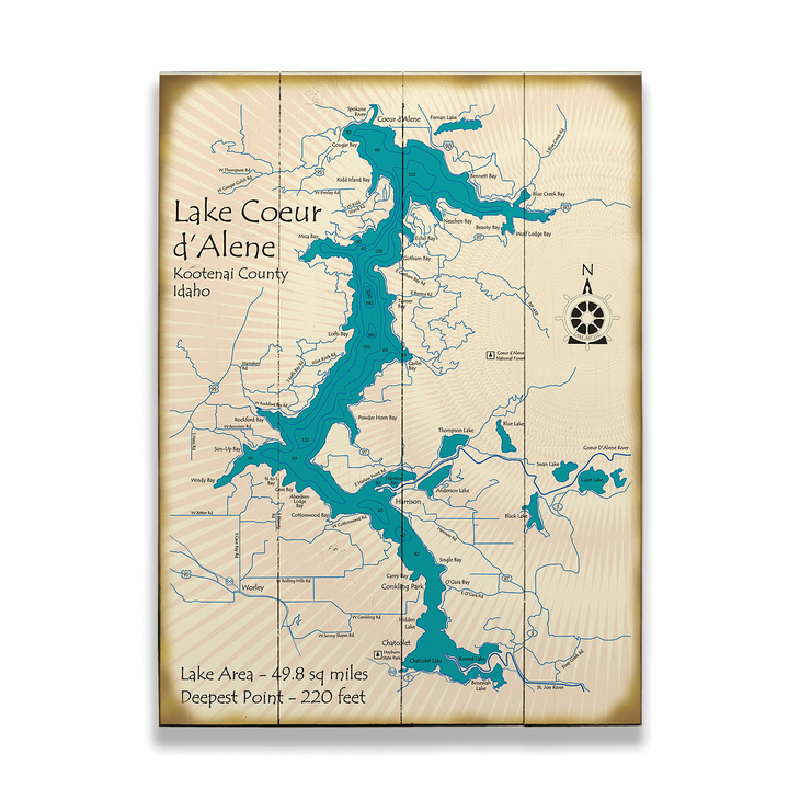 Lake Coeur d'Alene Idaho Map Sign - Lake Coeur d'Alene, ID